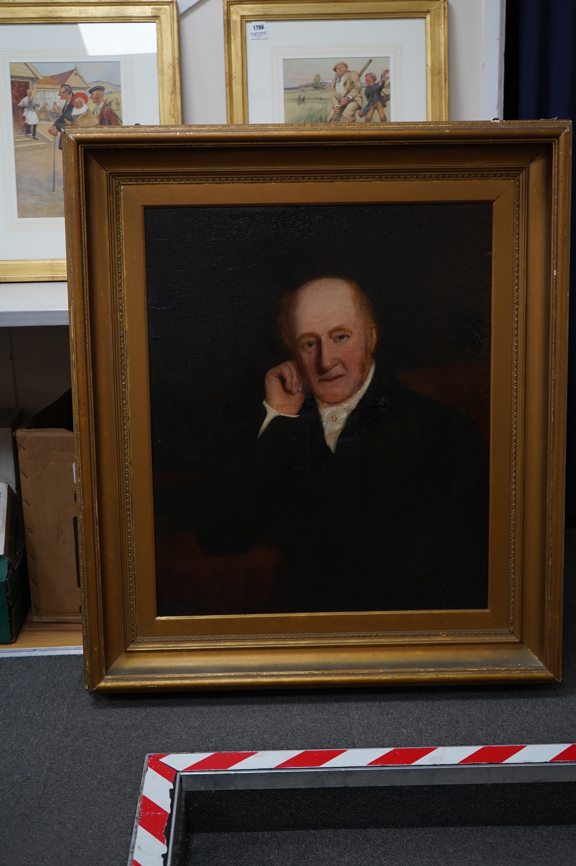 J E Williams, mid 19th century English School, oil on canvas, Portrait of a seated gentleman, signed and dated 1849, 74 x 61cm, gilt framed. Condition - poor